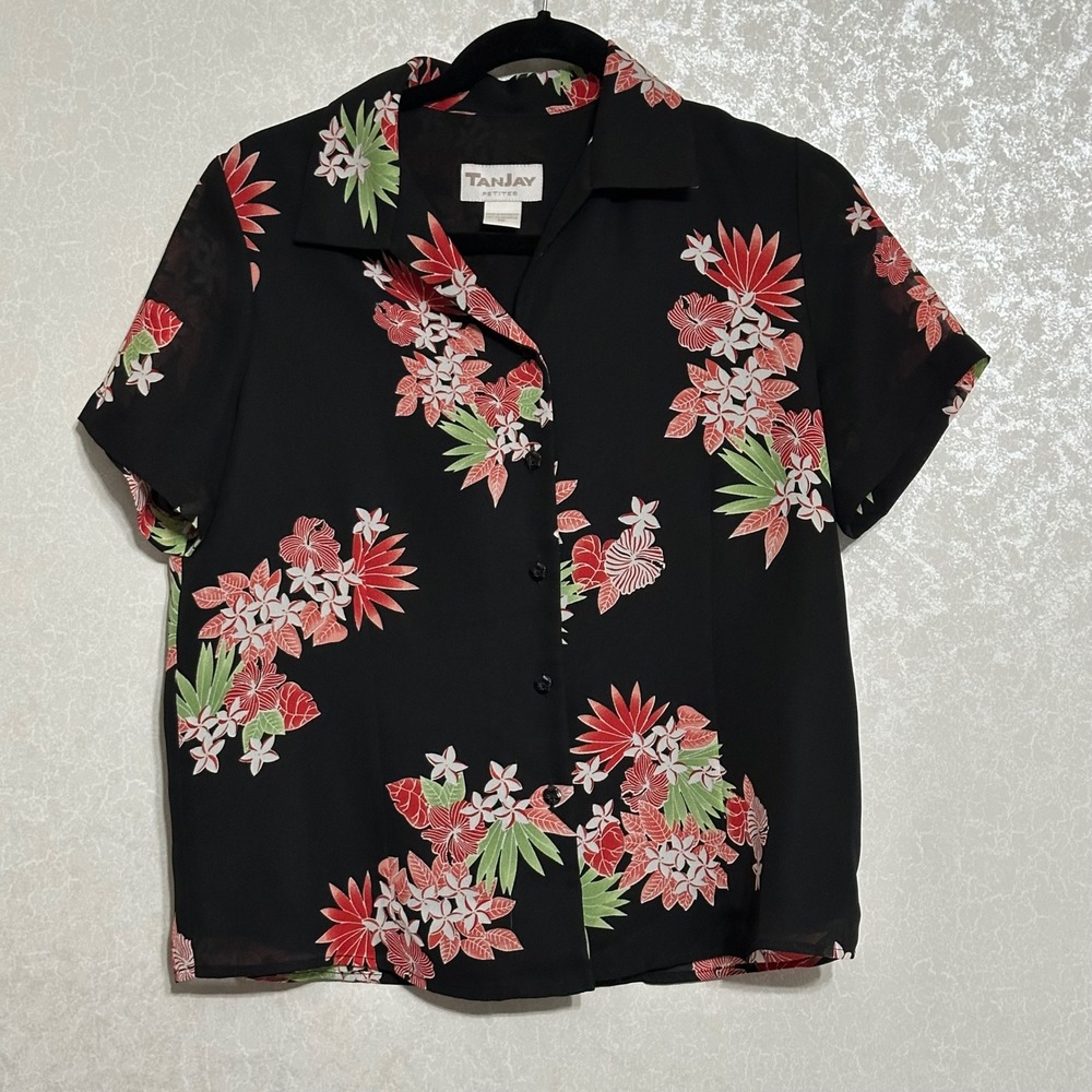 Tanjay Red Floral Print Button Down Short Sleeve Black Blouse Petite‎ Top Sz 6P